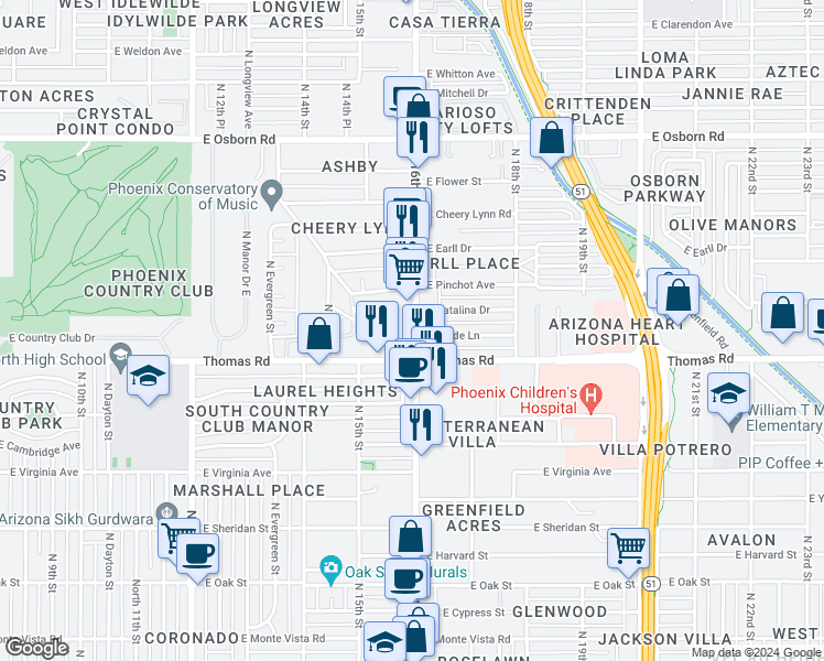 map of restaurants, bars, coffee shops, grocery stores, and more near 2942 North 16th Street in Phoenix