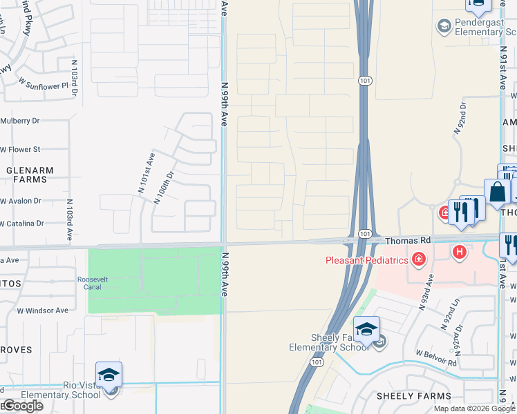 map of restaurants, bars, coffee shops, grocery stores, and more near 2918-3480 North 99th Avenue in Avondale