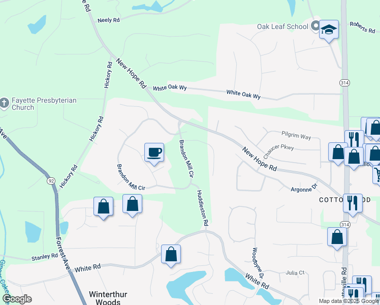 map of restaurants, bars, coffee shops, grocery stores, and more near 130 Brandon Mill Circle in Fayetteville