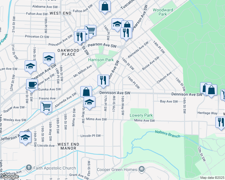 map of restaurants, bars, coffee shops, grocery stores, and more near 1209 17th Place Southwest in Birmingham