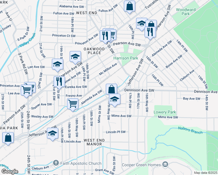 map of restaurants, bars, coffee shops, grocery stores, and more near 1028 Elm Street Southwest in Birmingham