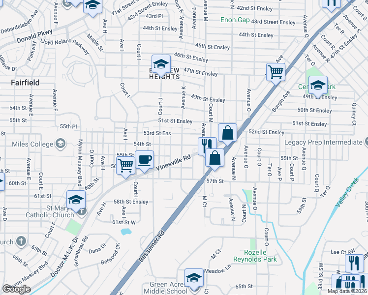 map of restaurants, bars, coffee shops, grocery stores, and more near 5323 Avenue K in Birmingham