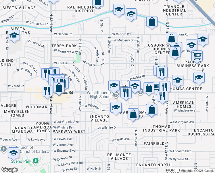 map of restaurants, bars, coffee shops, grocery stores, and more near 2936 North 39th Avenue in Phoenix