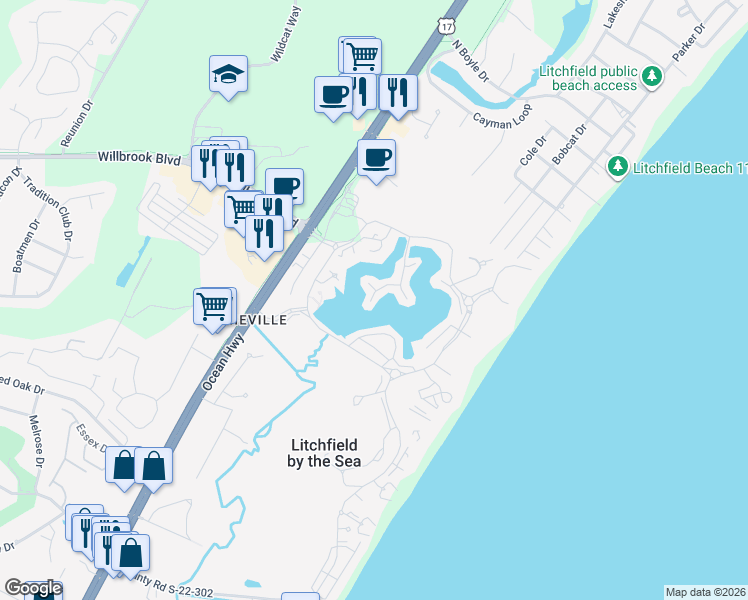 map of restaurants, bars, coffee shops, grocery stores, and more near 9 Oyster Catcher Place in Pawleys Island