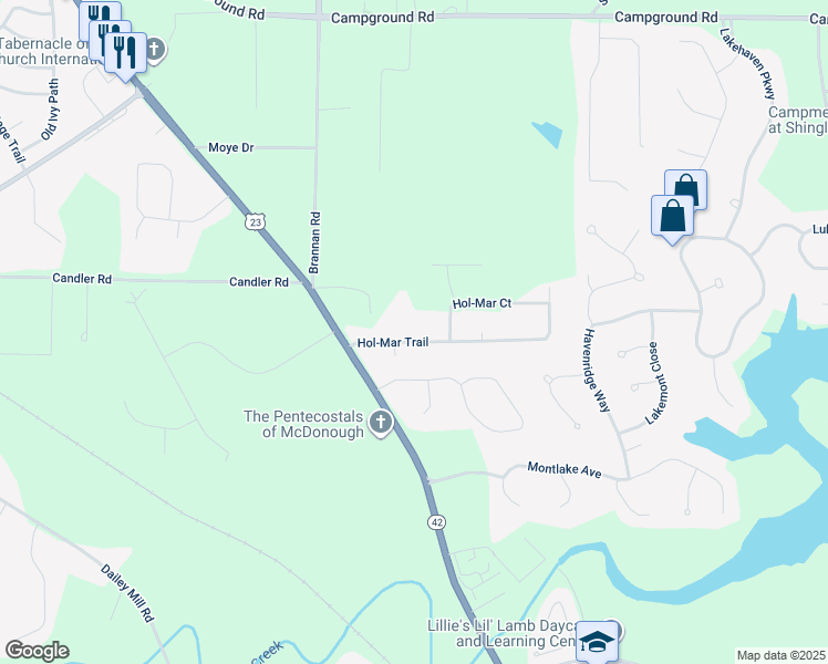 map of restaurants, bars, coffee shops, grocery stores, and more near 155 Hol-Mar Trail in McDonough