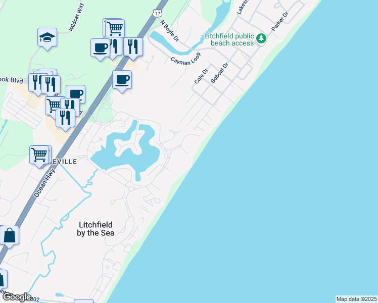 map of restaurants, bars, coffee shops, grocery stores, and more near 24 Breakers Reef Drive in Pawleys Island