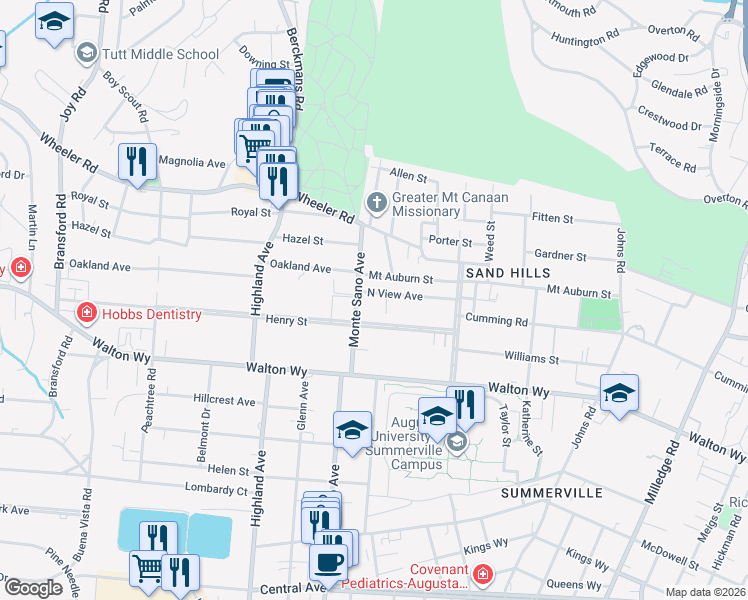 map of restaurants, bars, coffee shops, grocery stores, and more near 2572 North View Avenue in Augusta