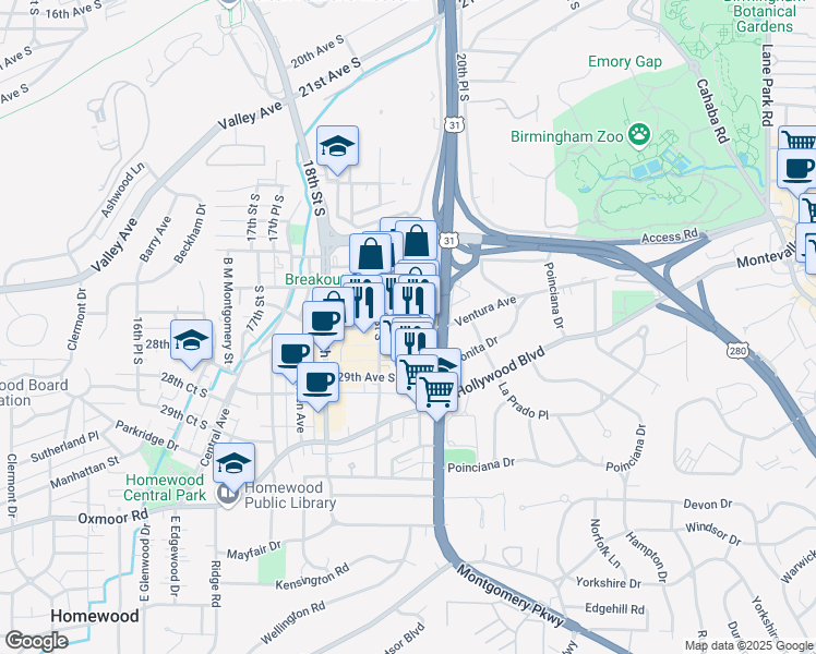 map of restaurants, bars, coffee shops, grocery stores, and more near 2799 19th Place South in Homewood
