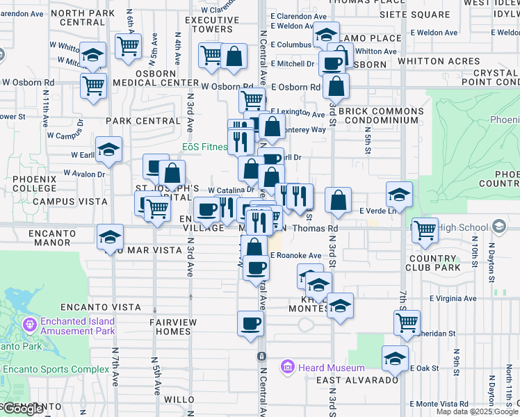 map of restaurants, bars, coffee shops, grocery stores, and more near 3000 North Central Avenue in Phoenix