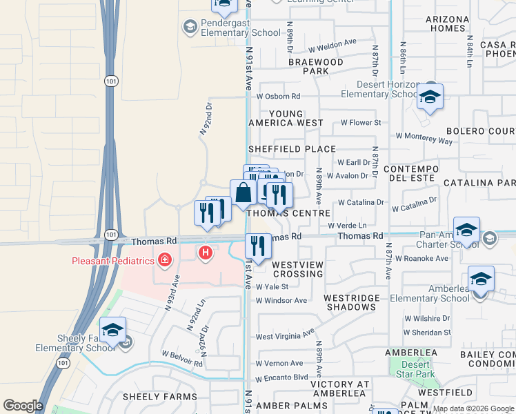 map of restaurants, bars, coffee shops, grocery stores, and more near 9050 West Thomas Road in Phoenix