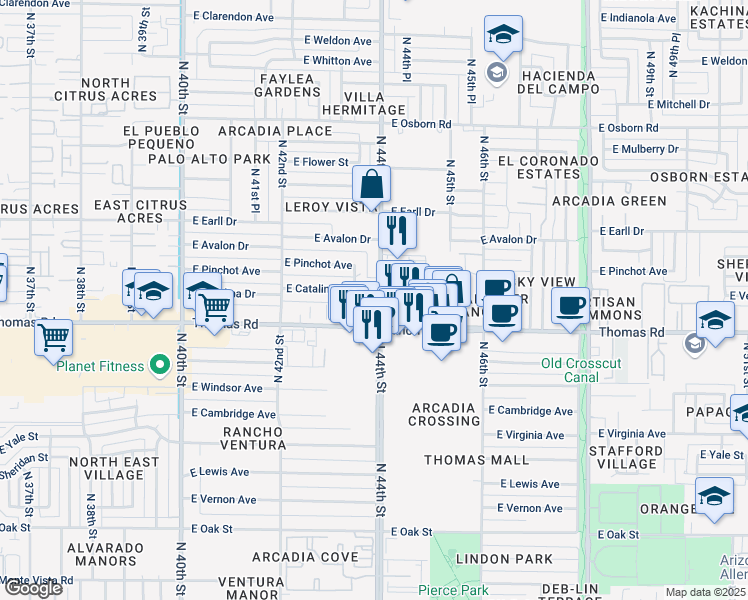 map of restaurants, bars, coffee shops, grocery stores, and more near 2932 North 44th Street in Phoenix