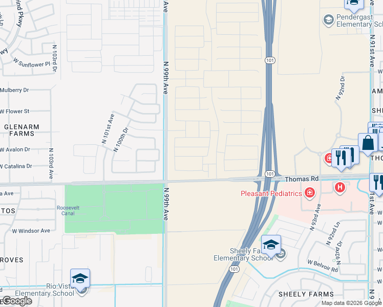map of restaurants, bars, coffee shops, grocery stores, and more near 2918-3480 North 99th Avenue in Avondale