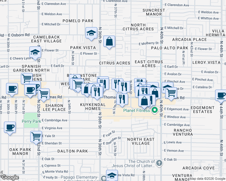 map of restaurants, bars, coffee shops, grocery stores, and more near 3637 East Verde Lane in Phoenix