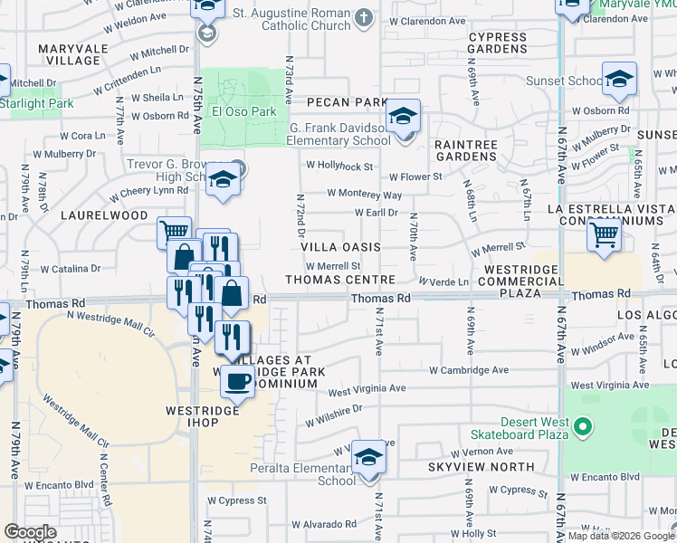map of restaurants, bars, coffee shops, grocery stores, and more near 7136 West Merrell Street in Phoenix