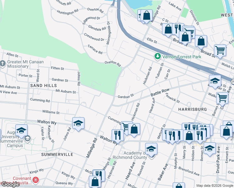 map of restaurants, bars, coffee shops, grocery stores, and more near 635 Gary Street in Augusta