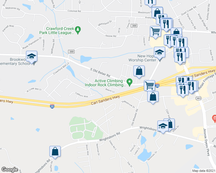 map of restaurants, bars, coffee shops, grocery stores, and more near 217 Sassafras Lane in Grovetown
