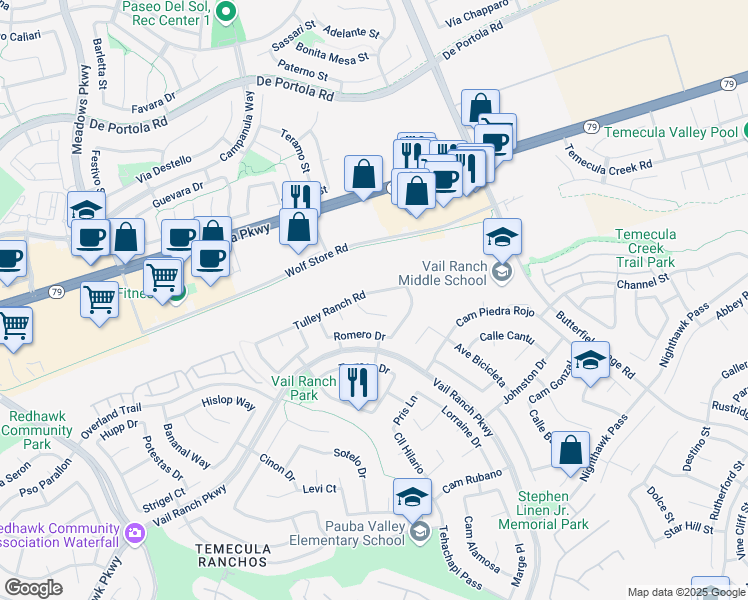 map of restaurants, bars, coffee shops, grocery stores, and more near 33017 Tulley Ranch Road in Temecula