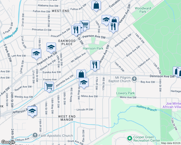 map of restaurants, bars, coffee shops, grocery stores, and more near 1720 Jefferson Ave SW in Birmingham