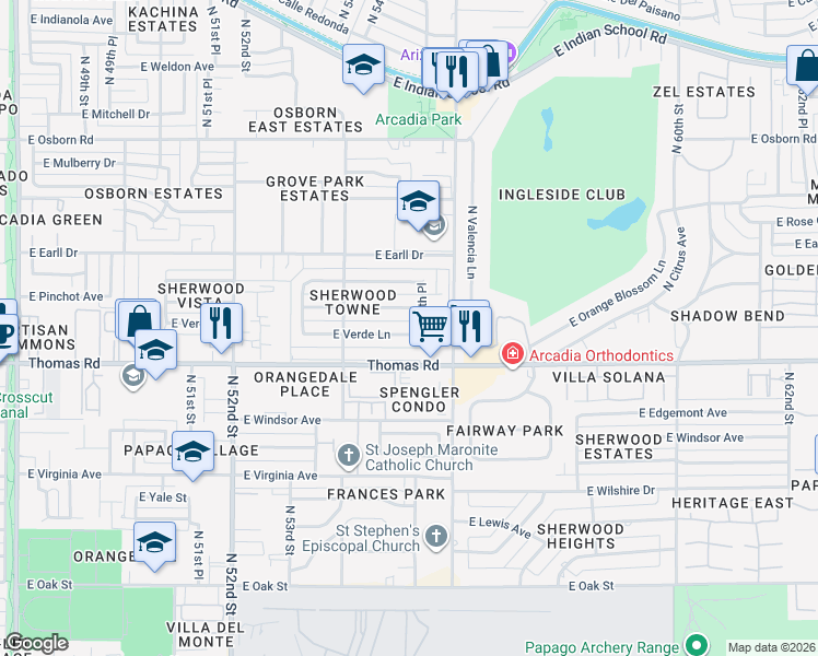 map of restaurants, bars, coffee shops, grocery stores, and more near 5514 East Verde Lane in Phoenix
