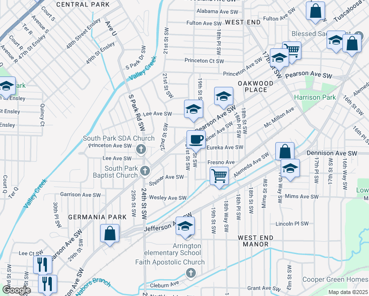 map of restaurants, bars, coffee shops, grocery stores, and more near 712 21st Street Southwest in Birmingham