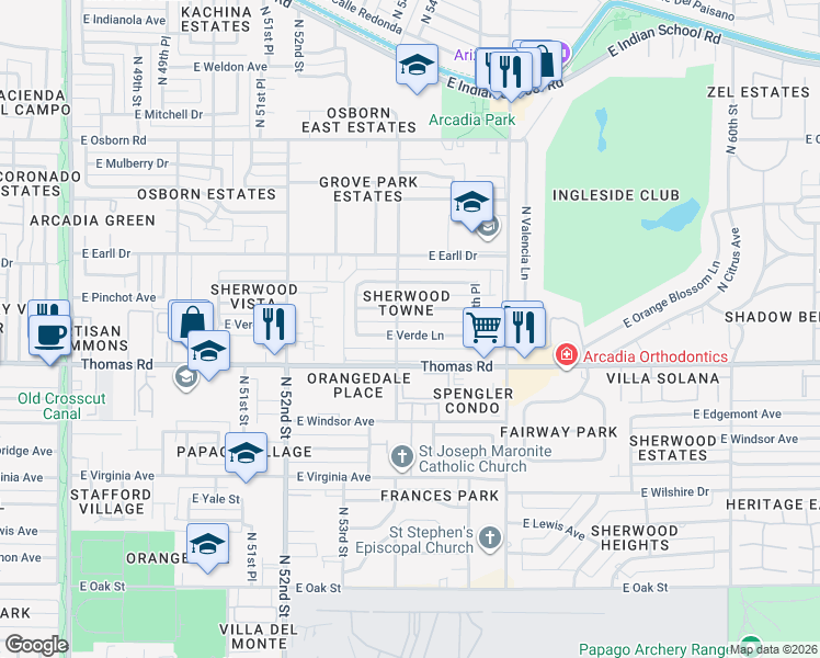 map of restaurants, bars, coffee shops, grocery stores, and more near 5410 East Verde Lane in Phoenix