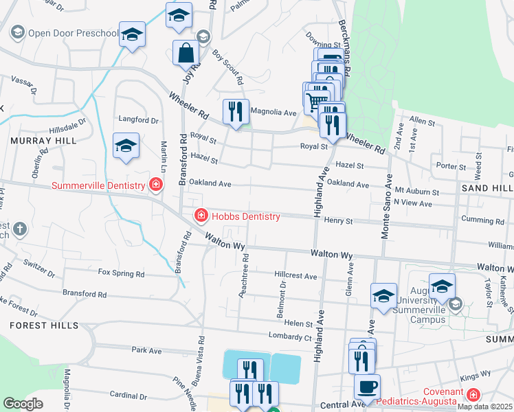 map of restaurants, bars, coffee shops, grocery stores, and more near 2799 Henry Street in Augusta