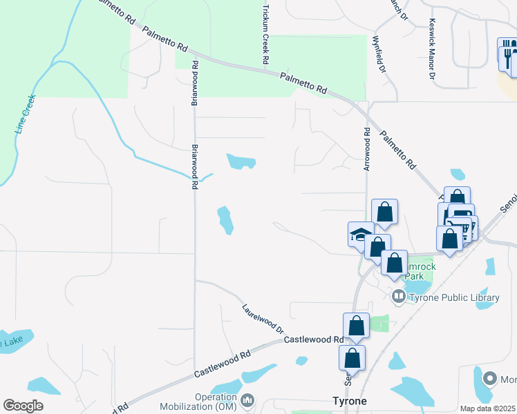map of restaurants, bars, coffee shops, grocery stores, and more near 205 Brentwood Road in Tyrone