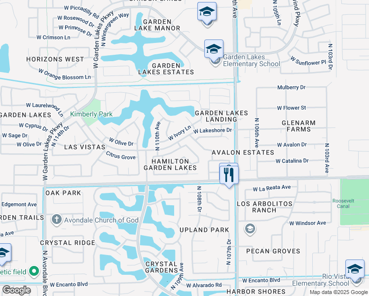 map of restaurants, bars, coffee shops, grocery stores, and more near 3104 North Meadow Lane in Avondale