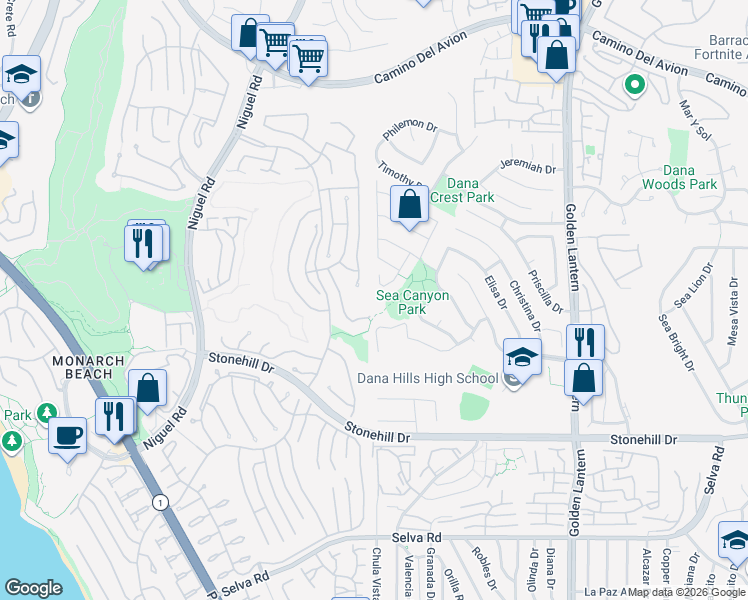 map of restaurants, bars, coffee shops, grocery stores, and more near 33158 Saint Kitts in Dana Point