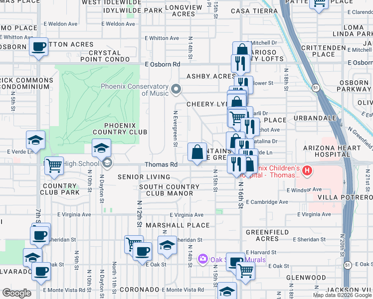 map of restaurants, bars, coffee shops, grocery stores, and more near 2939 North Evergreen Street in Phoenix