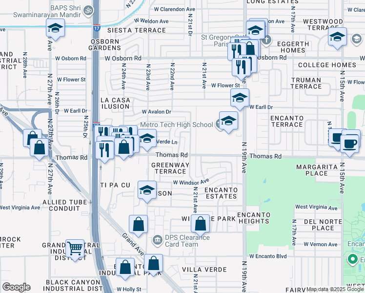 map of restaurants, bars, coffee shops, grocery stores, and more near 2919 North 21st Drive in Phoenix