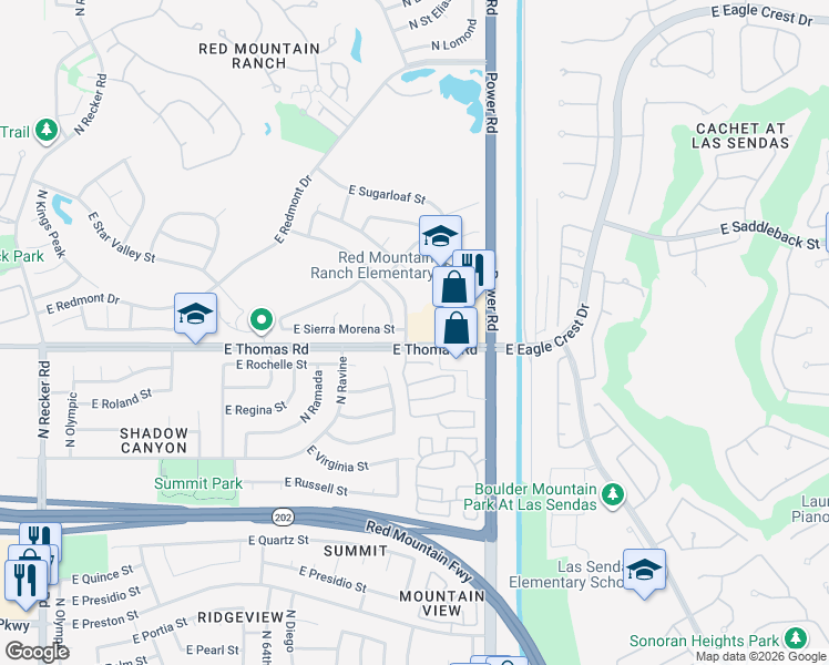 map of restaurants, bars, coffee shops, grocery stores, and more near 6644 East Thomas Road in Mesa