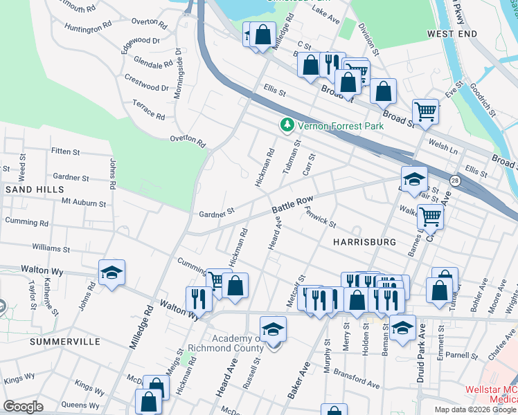 map of restaurants, bars, coffee shops, grocery stores, and more near 600 Hickman Rd in Augusta