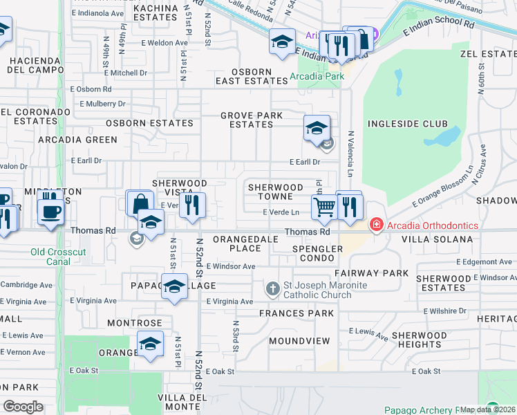 map of restaurants, bars, coffee shops, grocery stores, and more near 5332 East Verde Lane in Phoenix