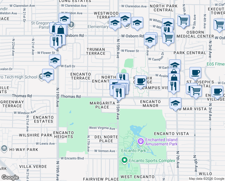 map of restaurants, bars, coffee shops, grocery stores, and more near 2929 North 15th Drive in Phoenix