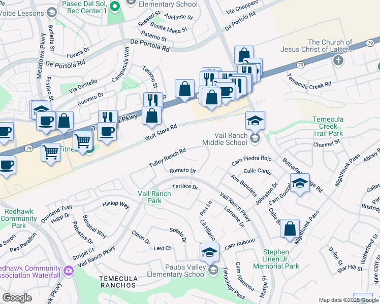 map of restaurants, bars, coffee shops, grocery stores, and more near 33017 Tulley Ranch Road in Temecula