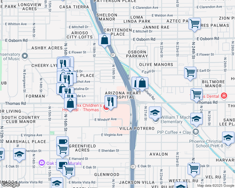 map of restaurants, bars, coffee shops, grocery stores, and more near 2935 North 18th Place in Phoenix