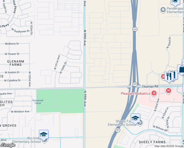 map of restaurants, bars, coffee shops, grocery stores, and more near 2918-3480 North 99th Avenue in Avondale