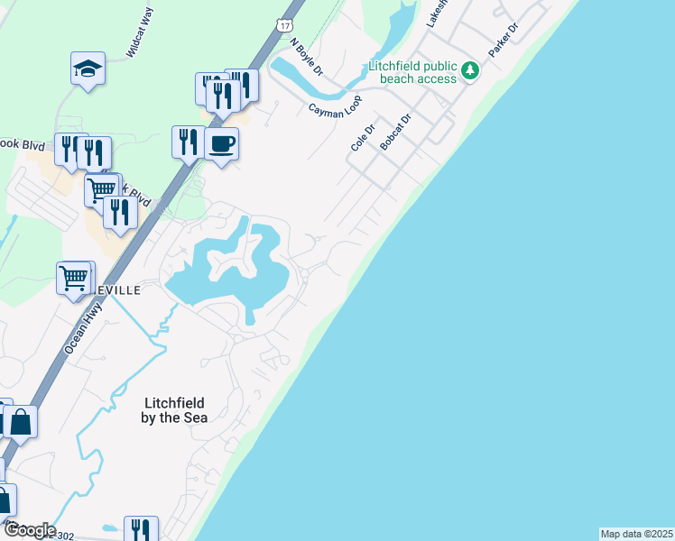 map of restaurants, bars, coffee shops, grocery stores, and more near 24 Breakers Reef Drive in Pawleys Island