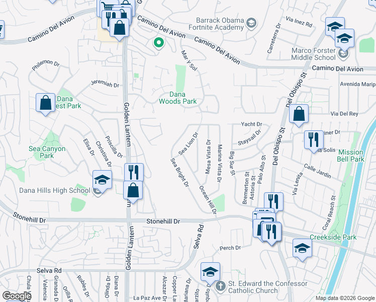 map of restaurants, bars, coffee shops, grocery stores, and more near 33142 Sea Lion Drive in Dana Point