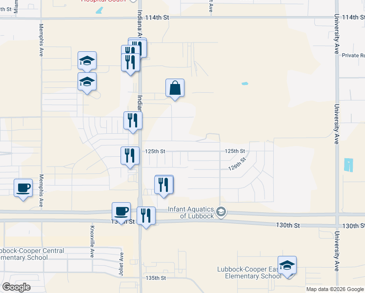 map of restaurants, bars, coffee shops, grocery stores, and more near 12213 Geneva Avenue in Lubbock