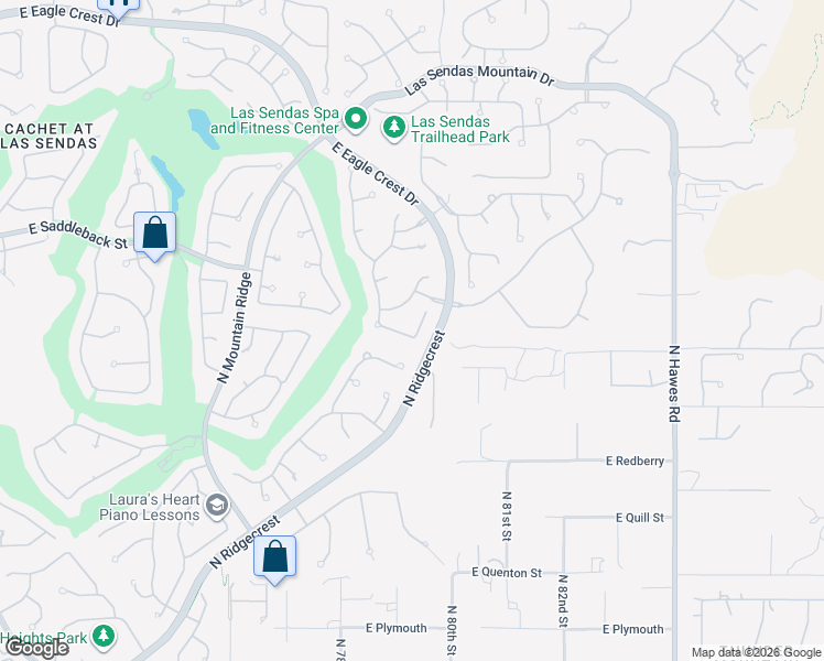 map of restaurants, bars, coffee shops, grocery stores, and more near 7920 East Sierra Morena Circle in Mesa