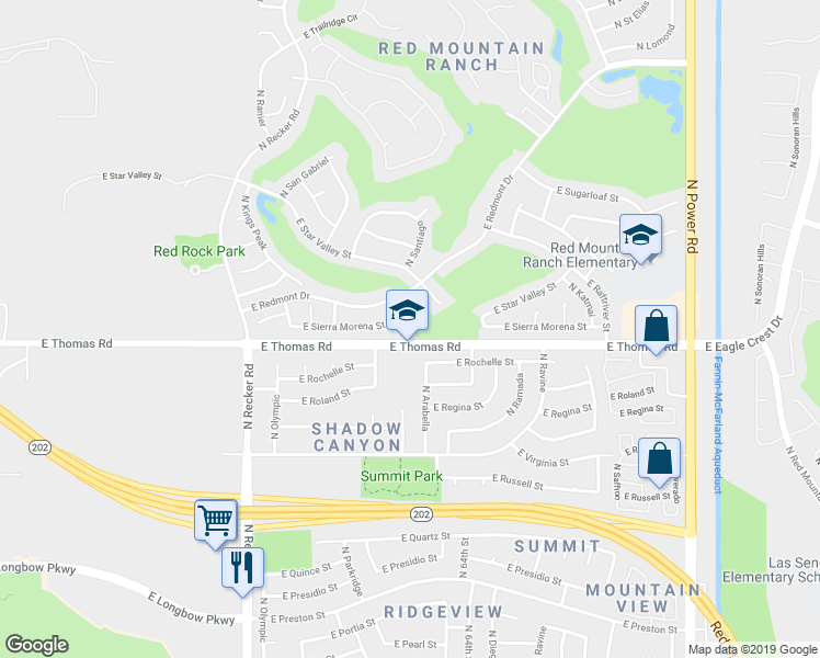 map of restaurants, bars, coffee shops, grocery stores, and more near 3617 North Santiago Circle in Mesa