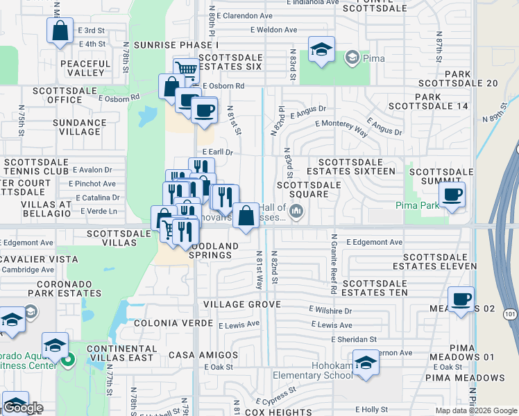 map of restaurants, bars, coffee shops, grocery stores, and more near 2926 North 82nd Street in Scottsdale