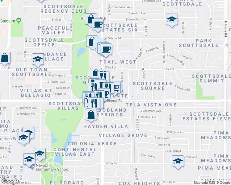 map of restaurants, bars, coffee shops, grocery stores, and more near 8020 East Thomas Road in Scottsdale