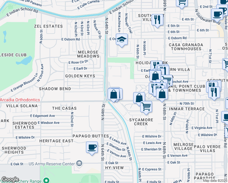 map of restaurants, bars, coffee shops, grocery stores, and more near 4 North 64th Street in Scottsdale