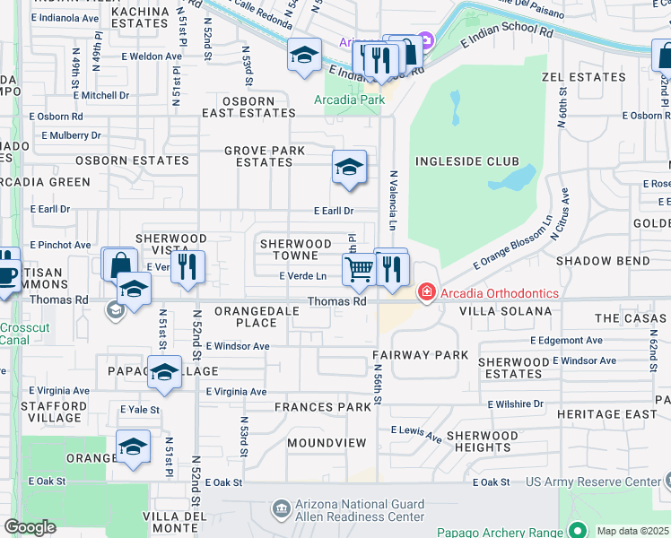 map of restaurants, bars, coffee shops, grocery stores, and more near 5514 East Verde Lane in Phoenix