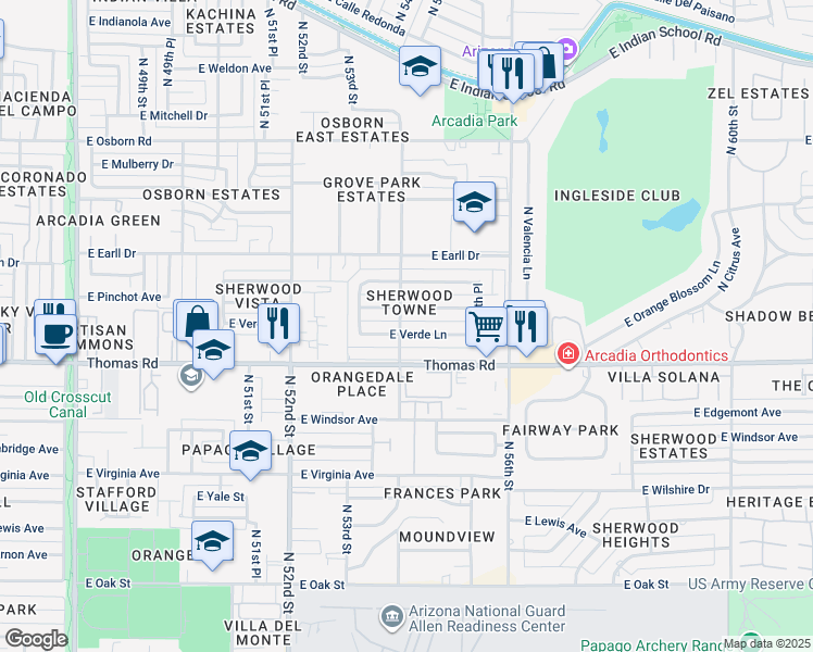 map of restaurants, bars, coffee shops, grocery stores, and more near 5410 East Verde Lane in Phoenix