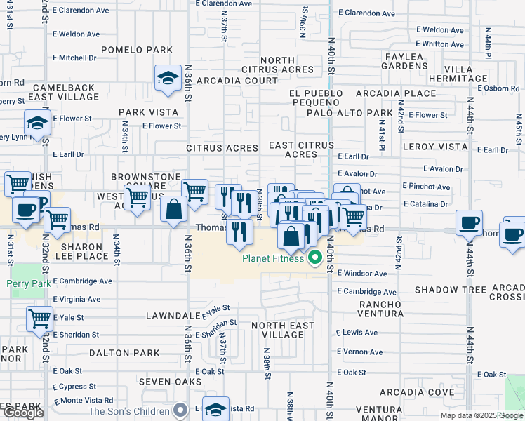 map of restaurants, bars, coffee shops, grocery stores, and more near 2927 North 38th Street in Phoenix