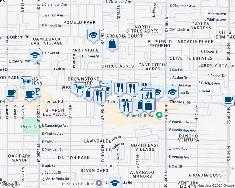 map of restaurants, bars, coffee shops, grocery stores, and more near 2922 North 37th Street in Phoenix
